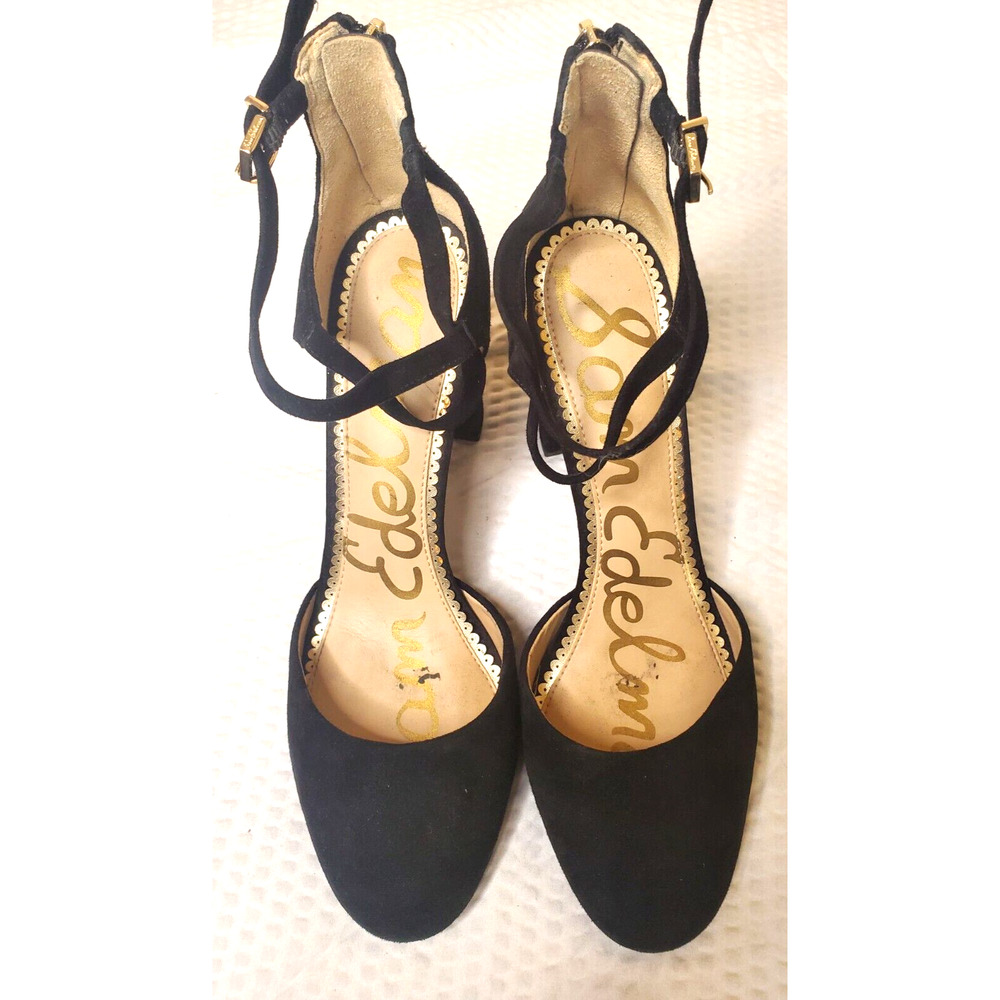 Sam Edelman Black Suede Pump High Block Heel Back Zip Ankle Strap Size 10 M
